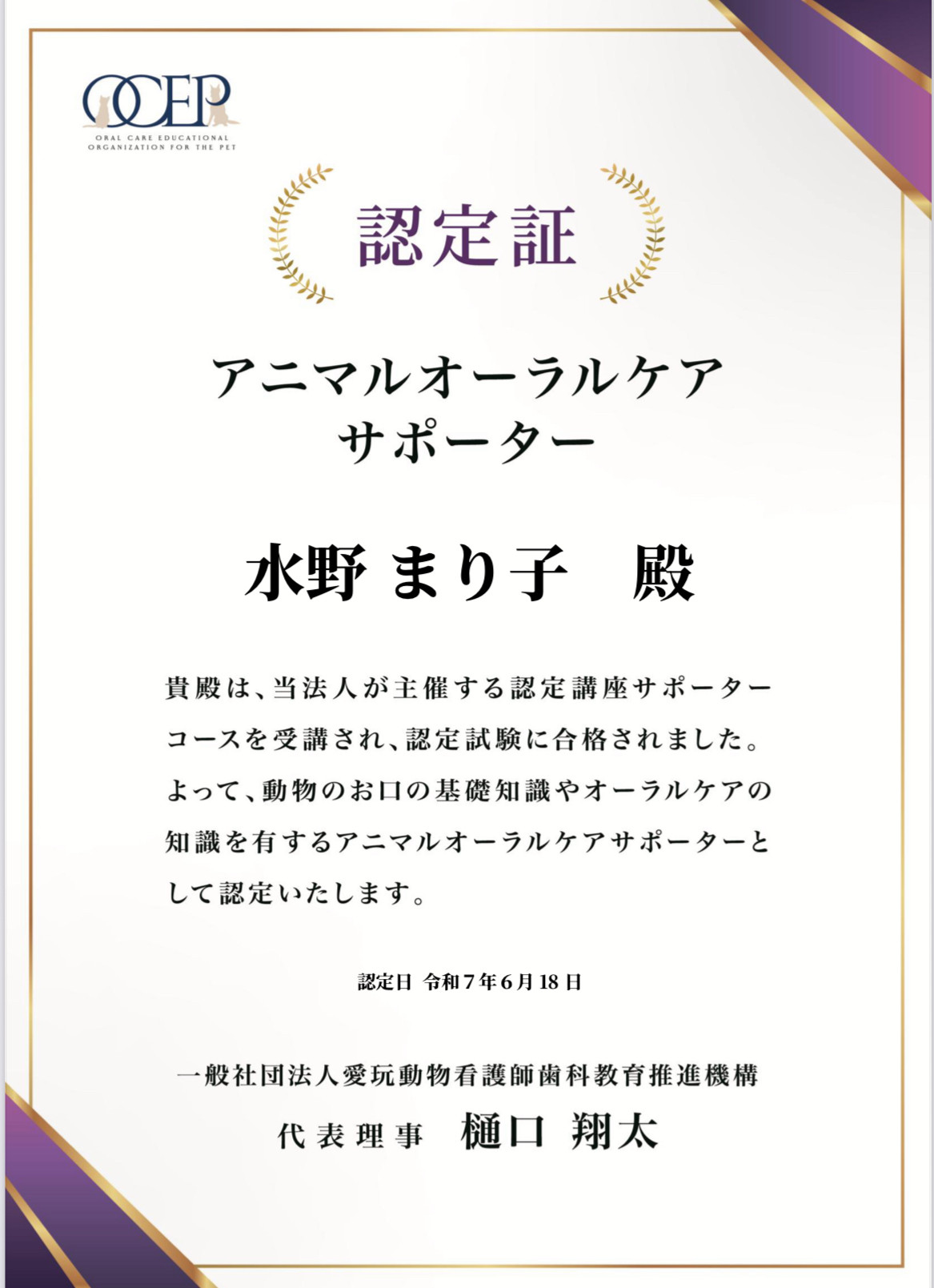 みずのまりこ 資格証